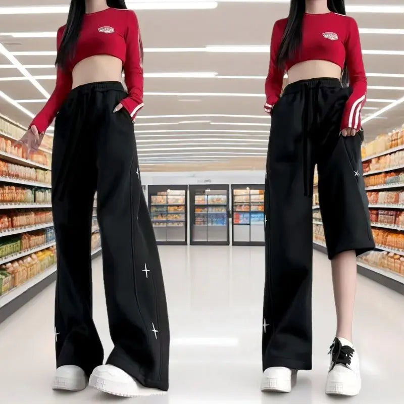 Wide-leg Trousers for Women Spring Summer Loose Thin Style Trendy for Students Petite Casual Sportswear, Straight-leg Pants