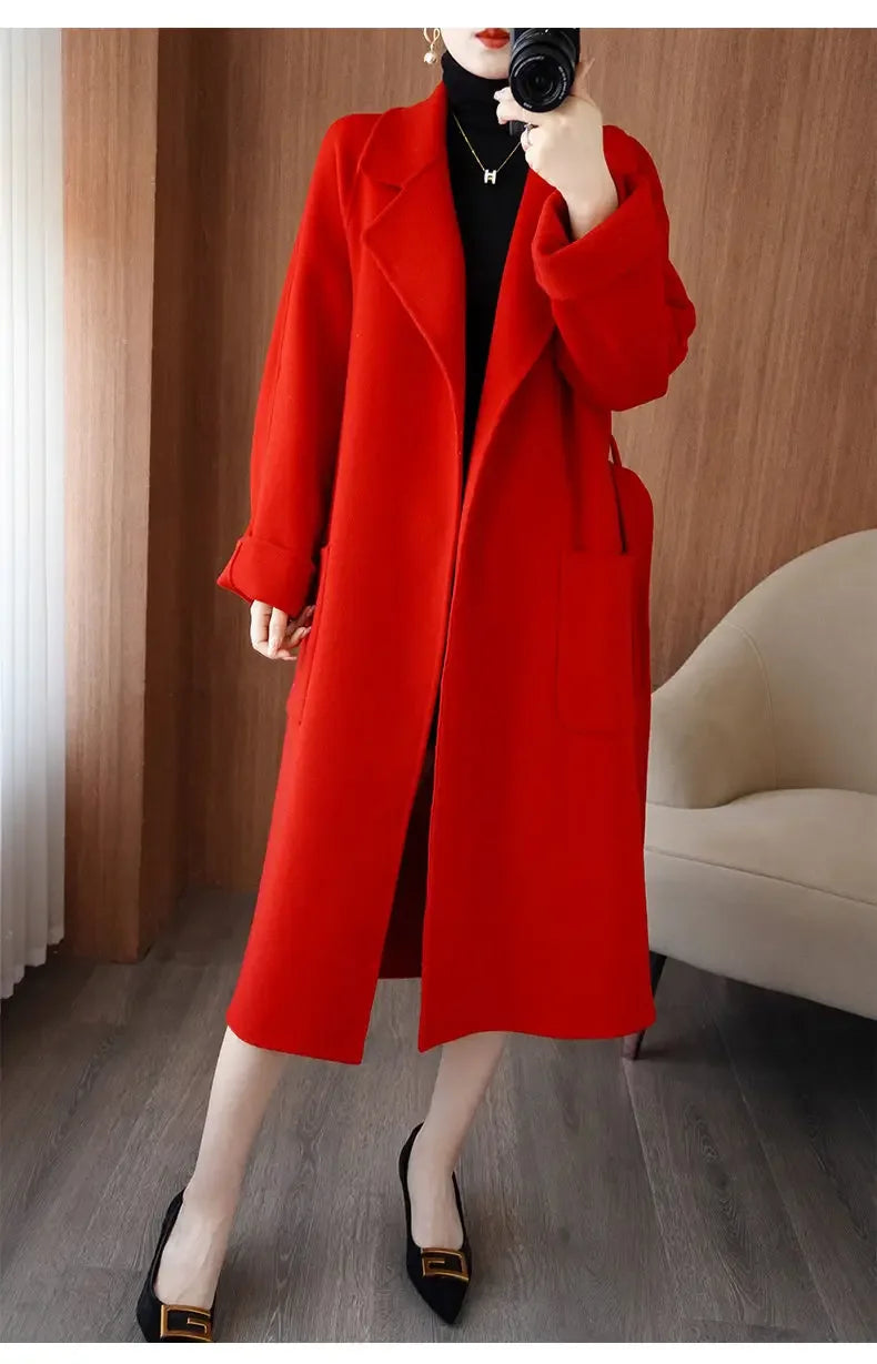 100% Wool Coat Women's Wear 2025 Autumn/Winter Fashion Temperament Double sided Cashmere Coats with Belt Elegant Long Overcoat