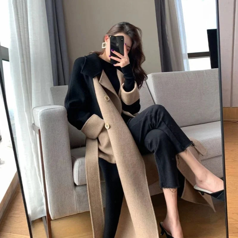 New Autumn Winter Women Coat Color Matching Turn-down Collar Double-breasted Mid Length Lady Coat Double-sided Female Overcoat