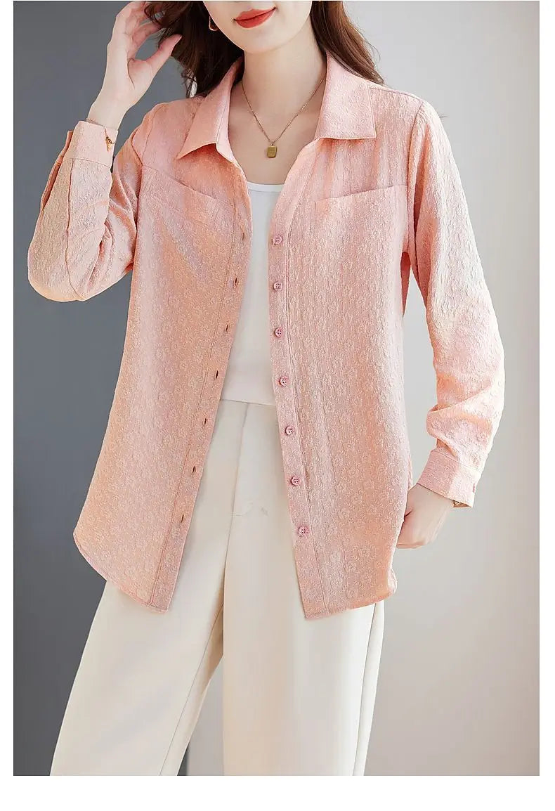 Long-sleeved Shirt for Women Autumn New Fashion Casual Versatile Jacket Fashionable Jacquard Lapel Belly-reducing Top Trendy