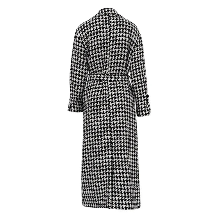 Long Coat Women Coats Work Turn Down Collar Houndstooth Thick Work Trench Streetwear Elegant Jackets Open Stith Autumn Winter