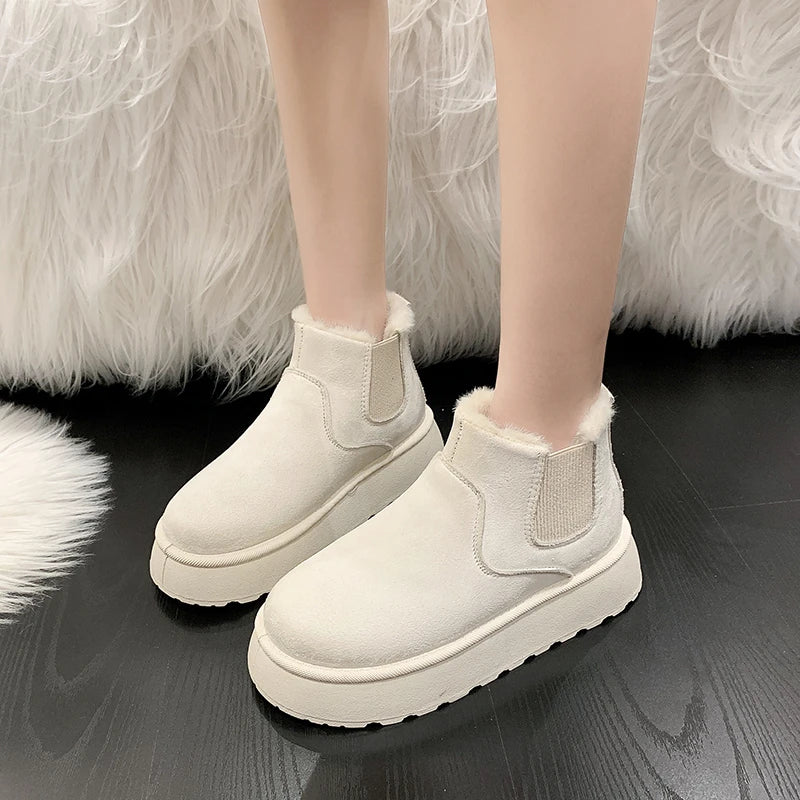 Winter Women Short Plush Warm Snow Boots Casual Shoes New Suede Fur Chelsea Ankle Boots Flats Platform Ladies Shoes Botas Mujer