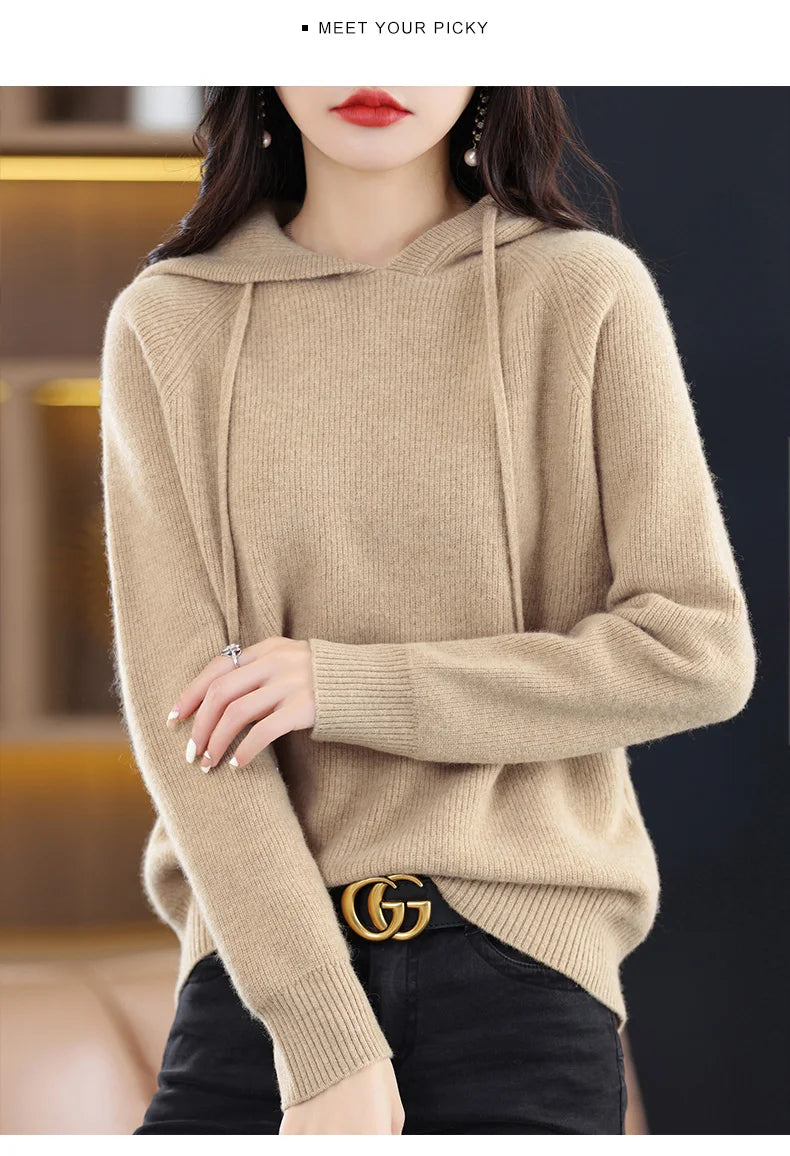 2023 New Cashmere hooded sweater Women Long Sleeve Autumn and Winter Knit hooded Pullover Solid Color Cashmere Base