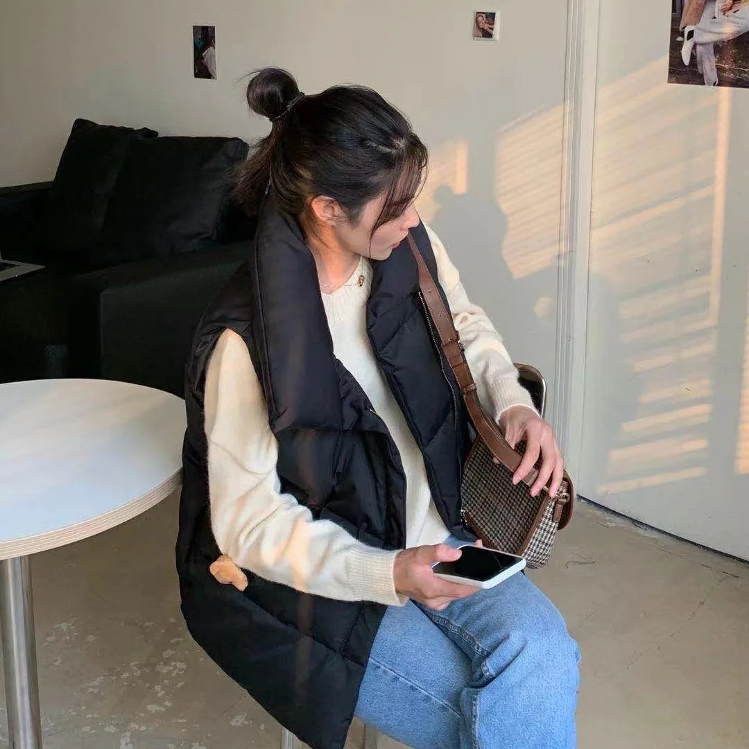 Women's Winter Short down Sleeveless Vest Warm Stand Collar Zipper Jacket Casual Fashion Quilted Cropped Coats Street Outerwear