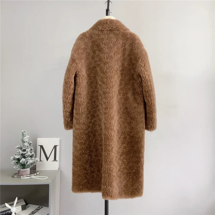 100% Wool Coat Women New Warm Sheep Shearing Long Solid Color Long Coat Lamb Wool casacos femininos inverno 2025