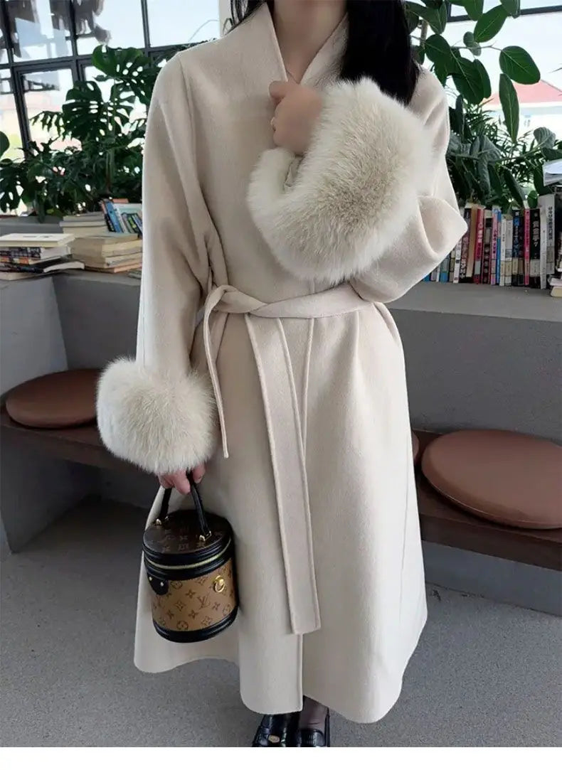 Women Autumn Winter Woolen Coat 2025 New High-End French Style Fur Sleeves Mid-Length Woolen Coat Women Long Coat Loose Outwear