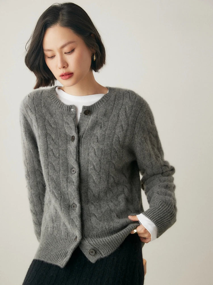 Luxury Women 100% Cashmere Sweater O-neck Cardigan Cable Knitting Thick Sweater Coat Autumn Winter Heavyweight Cashmere Clothes