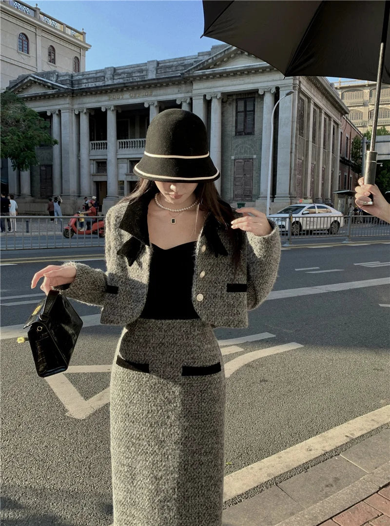 Winter Outfit Women 2024 New Elegant Lady Thickened 2 Pieces Sets Women Sweet Fashion Short Coat High Waist Long Skirt Suits