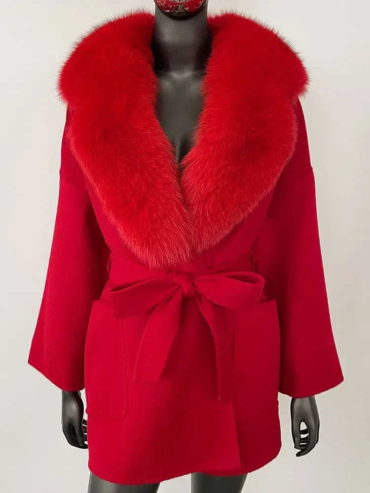 2025 Winter Fashion Women Double-sided Wool Cashmere Coat with Detachable Natural Fox Fur Collar Luxurious Genuine Fur Coat