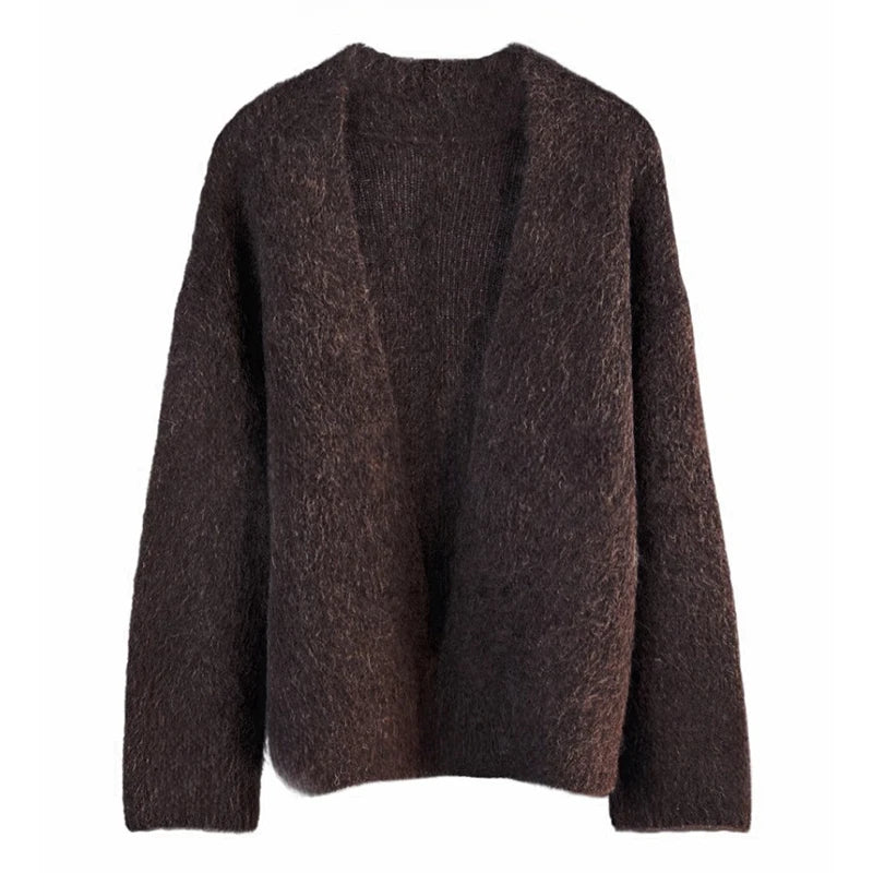BAHTLEE-Women's Mohair Cardigan Knitted Sweater V-Neck Solid Long Sleeves Coat Keep Warm
