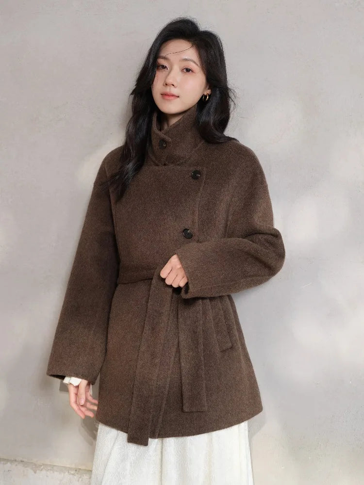 Women Elegant Wool-Like Winter Short Coat Brown Belted Jacket Warm Casual Outerwear for Lady with High Neck and Waist Tie Design