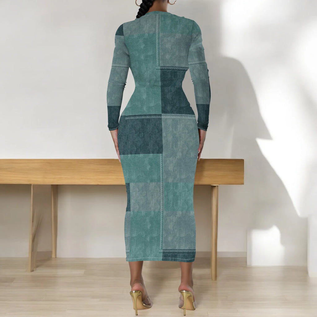 European and American women's fashion temperament casual print slim black dress