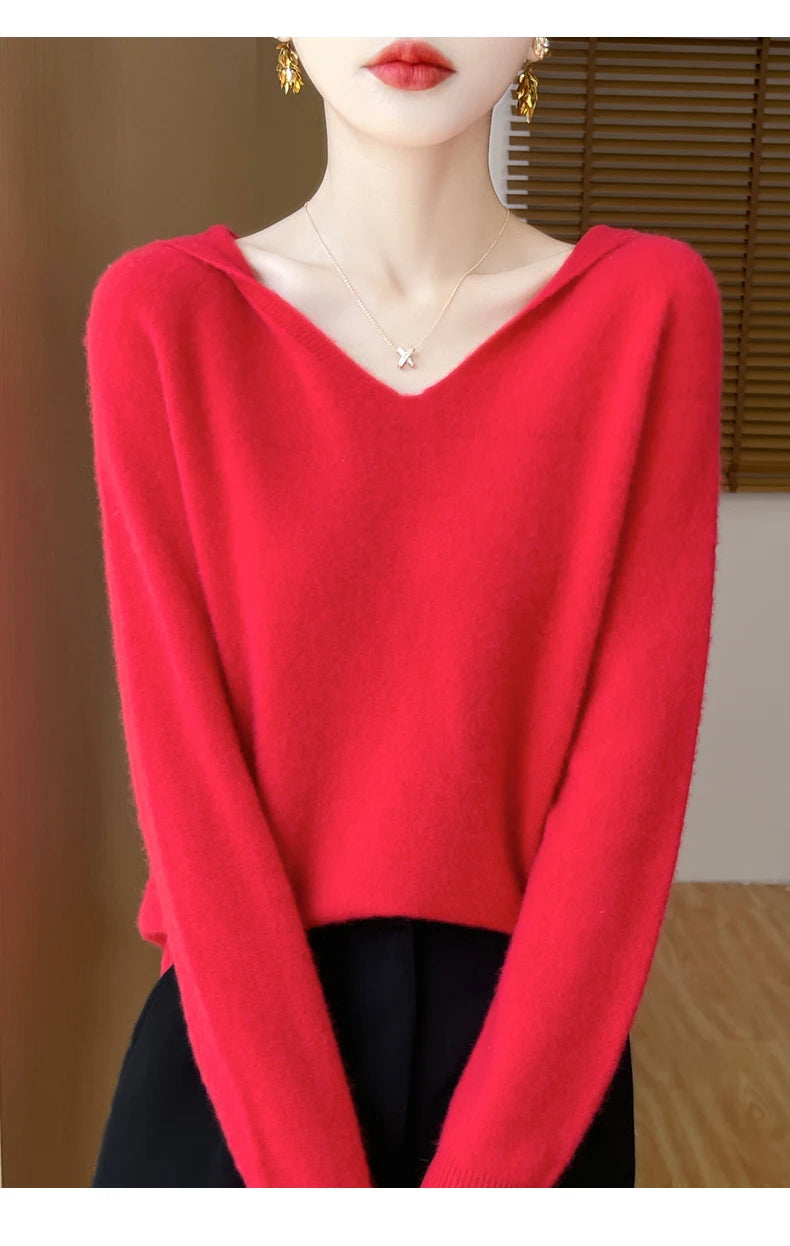 Women Autumn Winter Clothing Hooded Collar Pullover 100% Merino Wool Sweater New Fashion Cashmere Tops Bottoming Knitwear Soft
