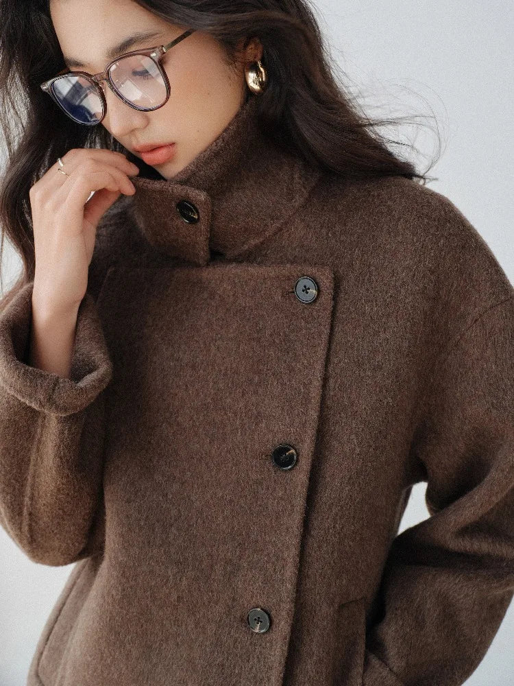 Women Elegant Wool-Like Winter Short Coat Brown Belted Jacket Warm Casual Outerwear for Lady with High Neck and Waist Tie Design