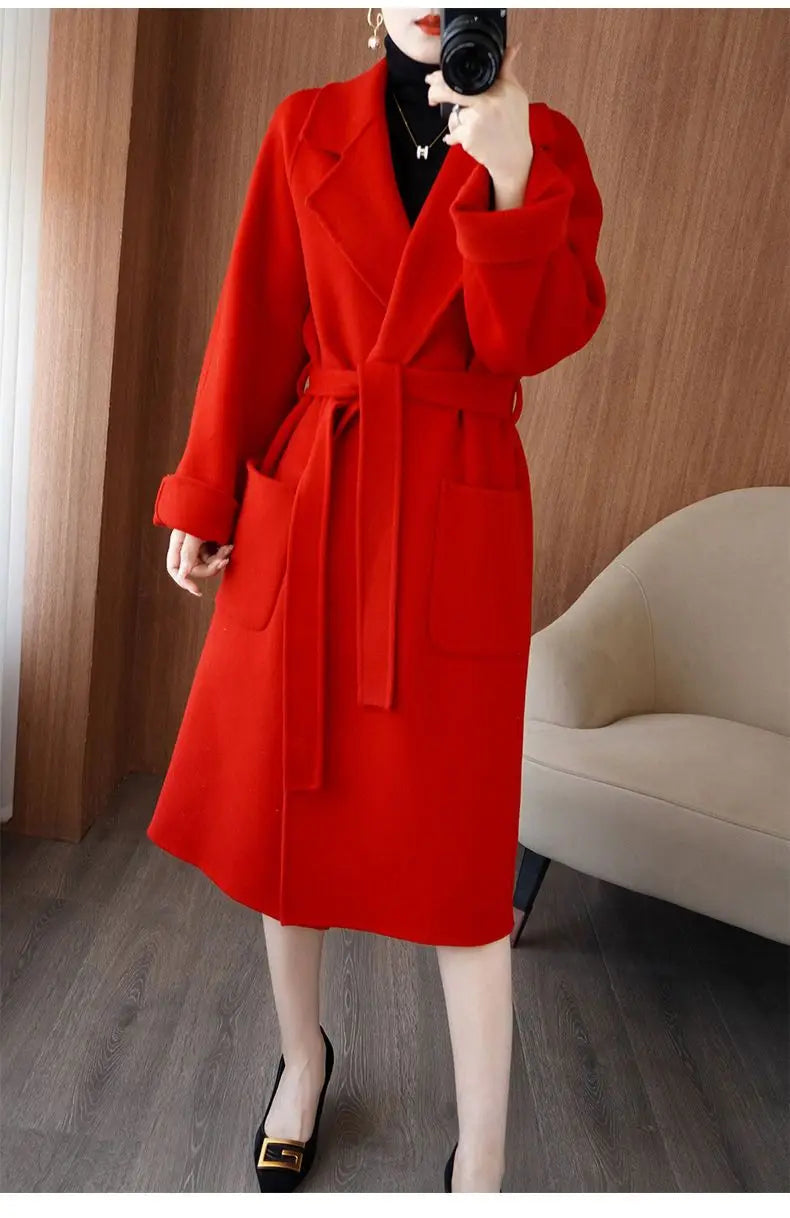 2024 Women's Wear 100% Wool Coat Autumn/Winter Fashion Temperament Double sided Cashmere Coats with Belt Elegant Long Overcoat