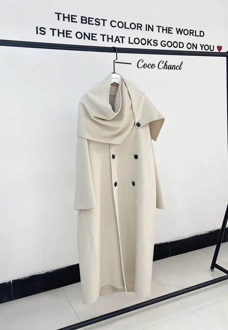 New Hand-sewn Cashmere Wool Coat Women New Mid-length Big Scarf Collar Loose Lace-up Warm Double-sided Wool Coat Fashion Winter