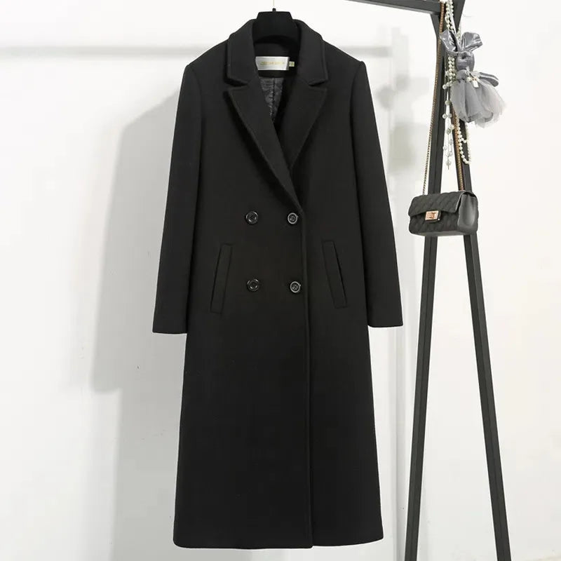 Women's Classic Black Woolen Coat Female Mid-Length Jacket New Korean Version Thicken Woolen Blend Overcoat Autumn Winter