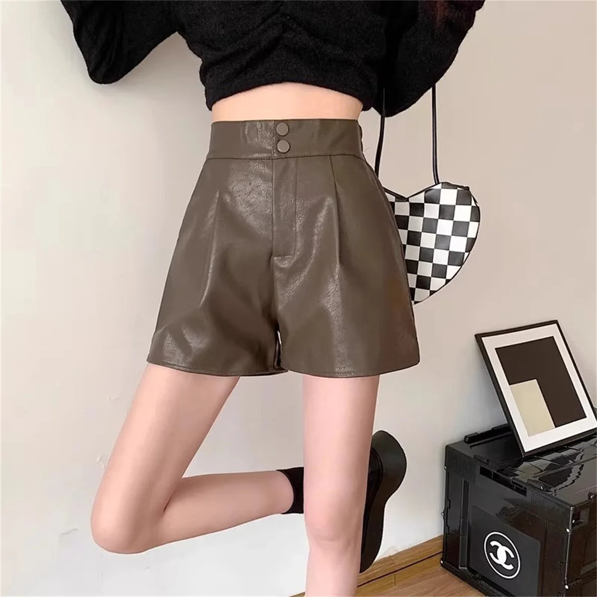 Fashion PU Shorts For Women 2025 Autumn Winter Retro New In Short Pant Solid High Waist Chic Shorts Lady Y2k Casual Street Wear