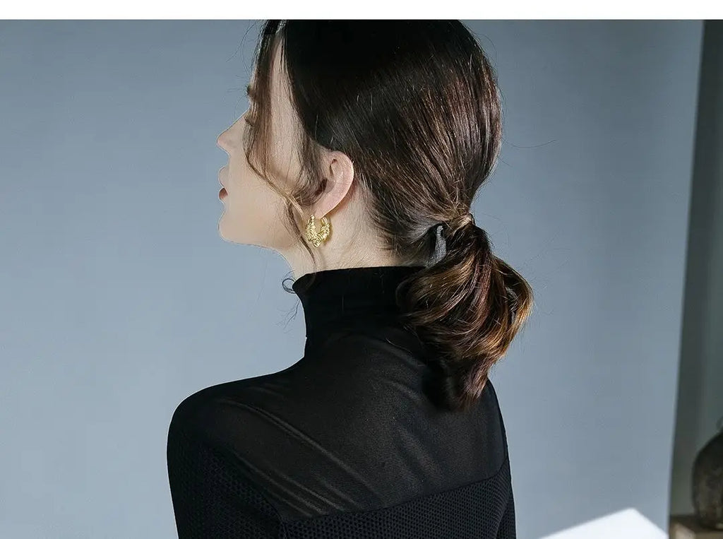 Women's Clothing Sexy See Through Mesh Patchwork Black Basic T-Shirts High Collar Elegant Chic Bright Silk Long Sleeve Slim Tops