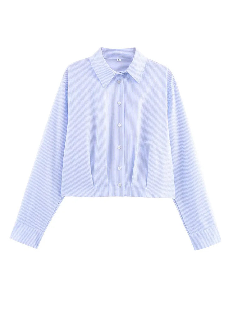 HH Women's 2025 Fashion Versatile Waist Pleated Striped Short Shirt Female Elegant Lapel Single-Breasted Long-Sleeved Shirt