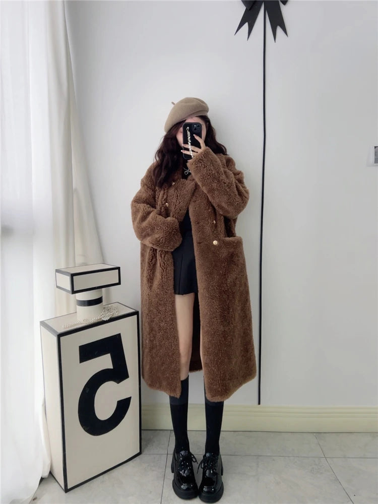 100% Wool Coat Women New Warm Sheep Shearing Long Solid Color Long Coat Lamb Wool casacos femininos inverno 2025