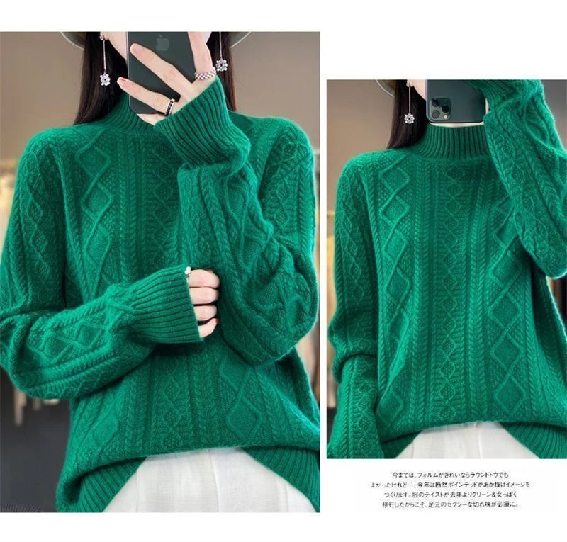 2024 New Women Autumn Winter Sweater Thick 100% Merino Wool Turtleneck Casual Cashmere Knitwaer Pullover Korean Fashion Tops