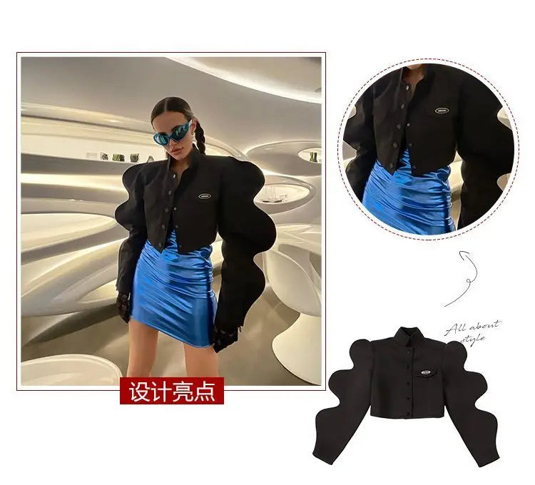 Women Coat Autumn Spring Euro-America Style Office Lady Fashion Short Jacket Long Wave Sleeves Girls Coat