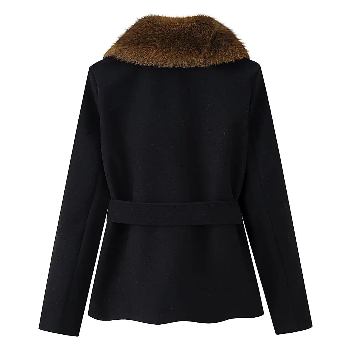 HH Women's Winter Fashion Coats Black Turn-Down Collar Long Sleeves Pockets Belt Decoration Female Elegant Slim Elegant Coat