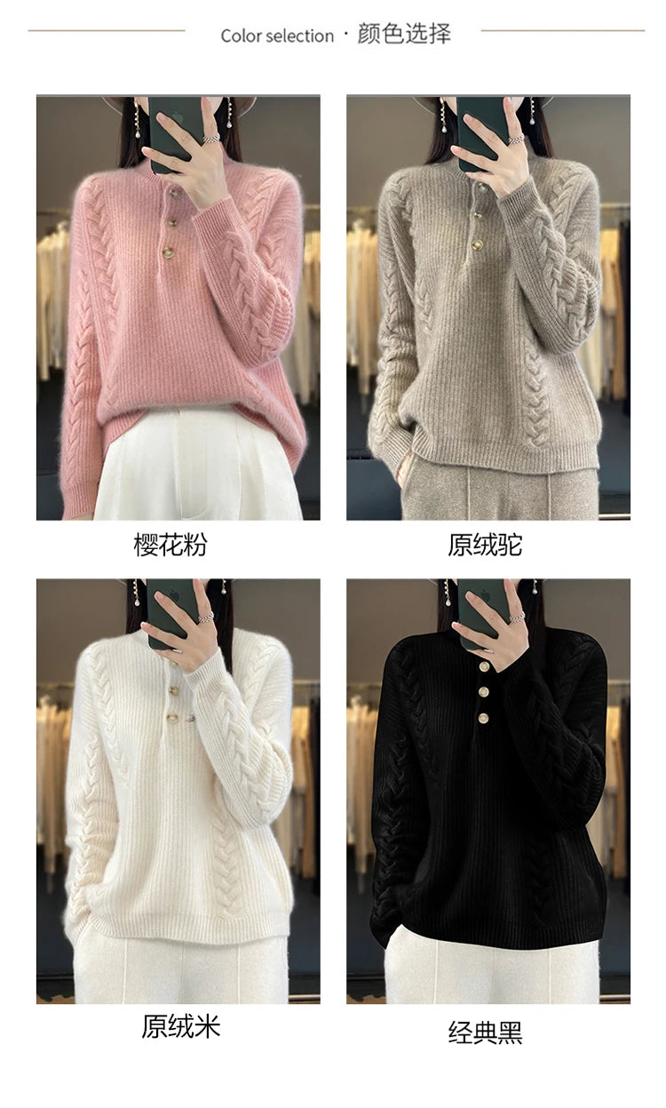 Cashmere Sweater Women's 2023 Autumn/Winter New Knitted Half High Collar Pullover 100% Wool Loose Korean Fashion Luxury Top
