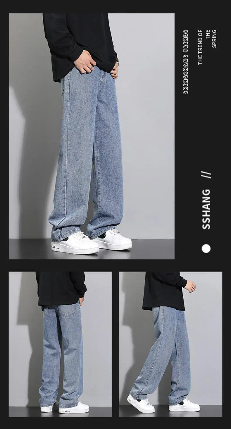2025 New Korean Men's Casual Long Jeans Classic Man Straight Denim Wide-leg Pants Solid Color Light Blue Grey Black