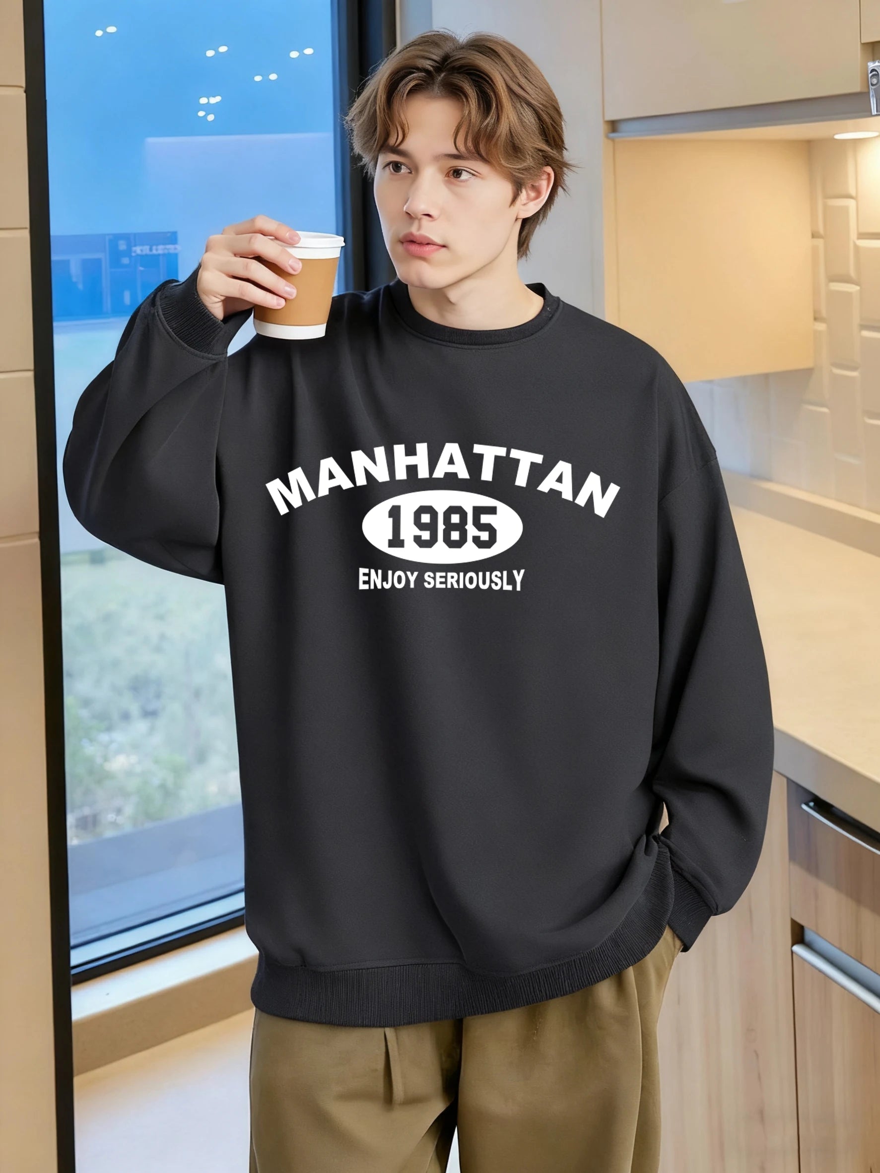 Manhattan 1985 Enjoy Seriously Print Sweatshirt For Men Soft Vintage Pullovers Casual Oversize Clothes Autumn Unisex Retro Top