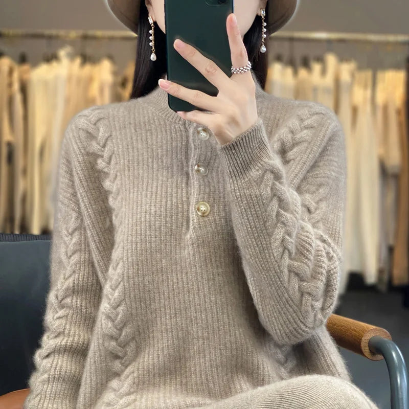 Cashmere Sweater Women's 2023 Autumn/Winter New Knitted Half High Collar Pullover 100% Wool Loose Korean Fashion Luxury Top