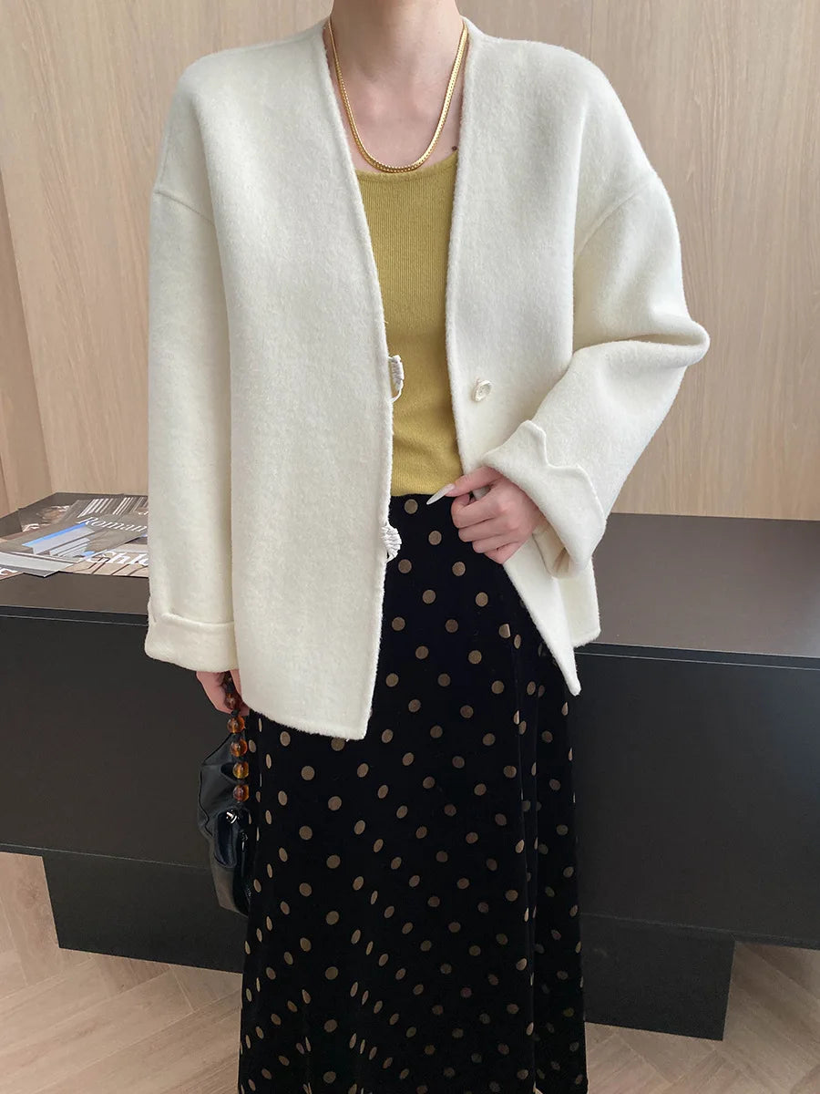 Winter women's casual solid color V-neck double-sided woolen coat jacket