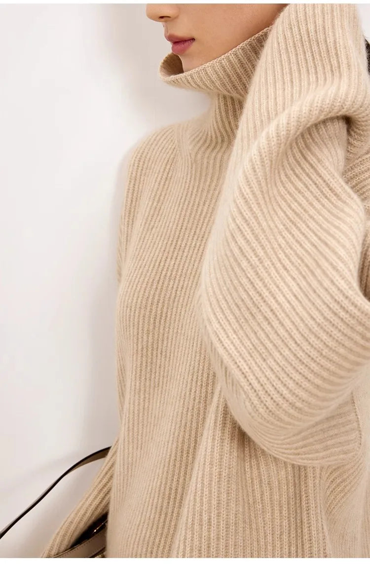 Women's High-Necked Cashmere Sweater Loose Padded Bottoming Pullover Autumn Winter Warm Lazy Wind Style 100% Pure Wool