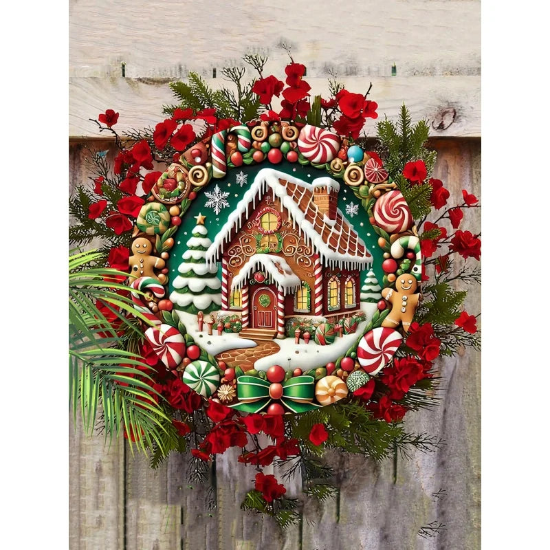 Christmas Wooden Decorations2DRelief Snow House Gingerbread Man Candy Garland Sign For Courtyard Balcony Door Outdoor Home Decor