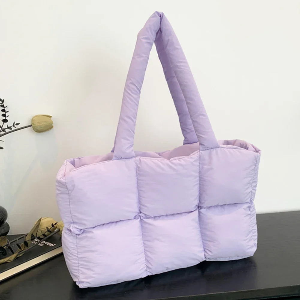 Women Padded Handbag Solid Color Quilted Single Shoulder Bag Large Capacity Soft Cloud Tote Bag Trendy Commuting Bags