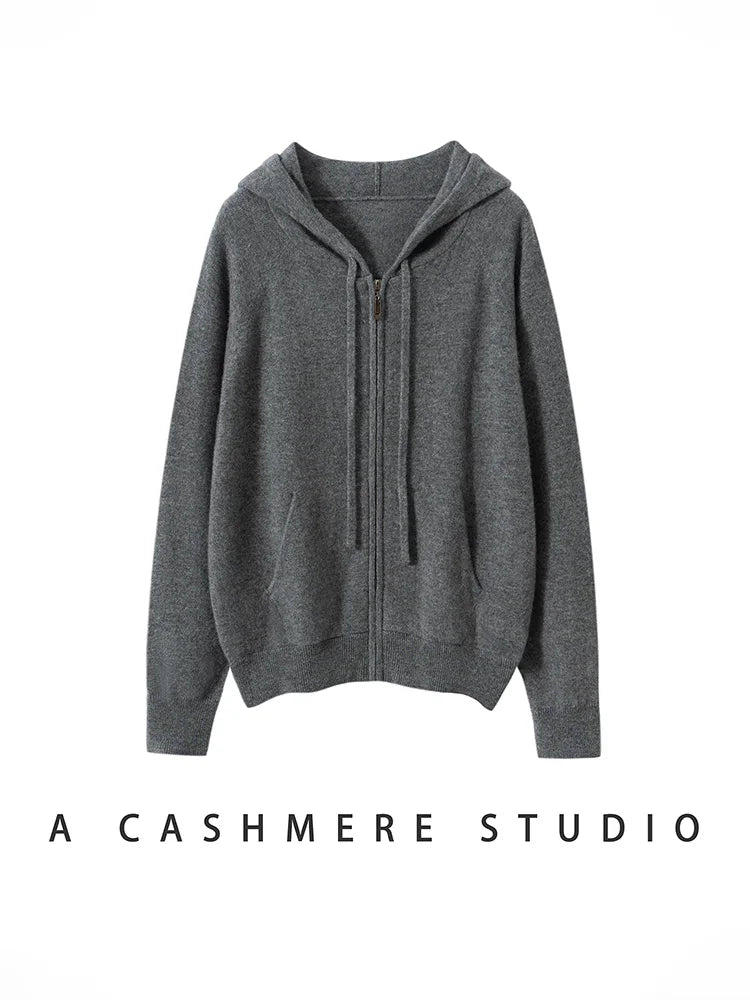 New Women 100% Cashmere Sweater Hooded Zipper Cardigan Cashmere  Autumn Winter Soft Long Sleeve Casual Simple Style Clothing Top
