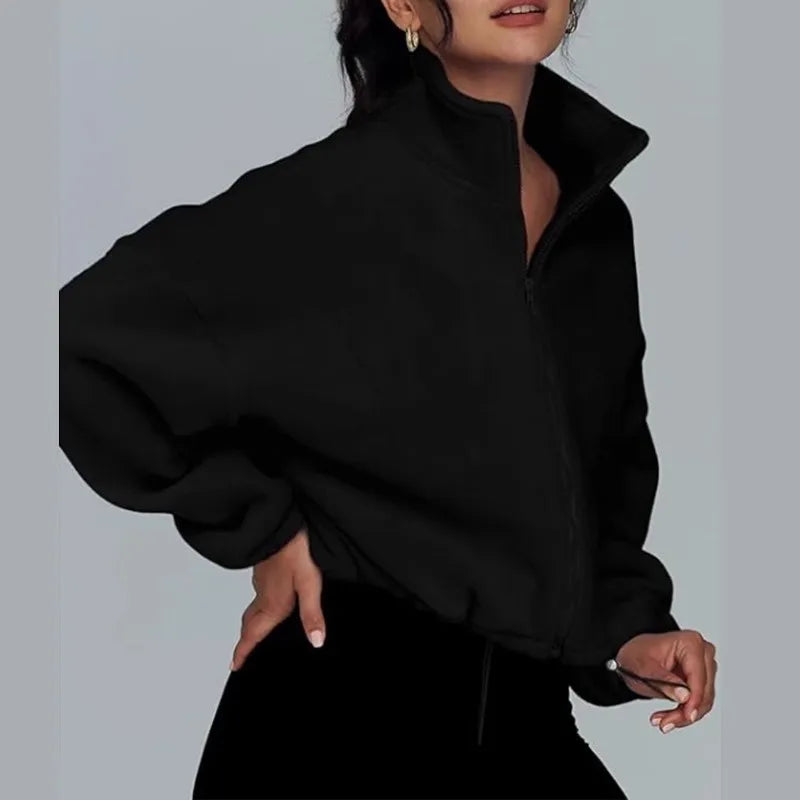 Women's warm sports and leisure jacket, autumn and winter fleece stand up collar loose and plush warm short jacket