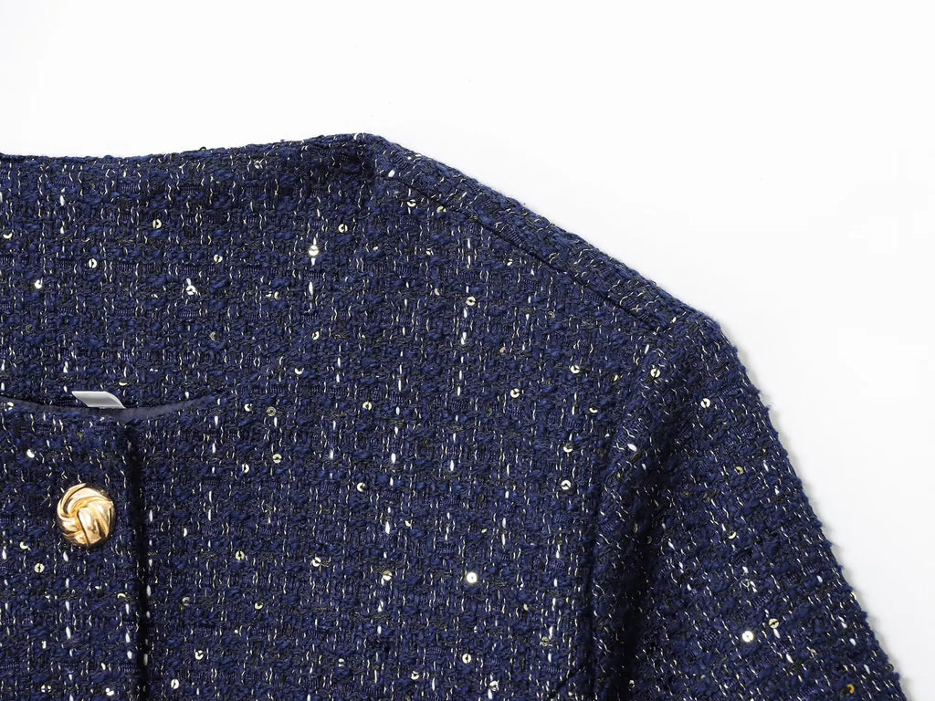 2025 Autumn New Women's Fashion Chic with Belt, Gold Button Decoration Round Neck Short Sleeve Blended Coat