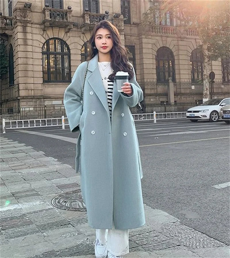 100% Wool Coat Women's Wear 2024 Autumn/Winter Fashion Temperament Double sided Cashmere Coats with Belt Elegant Long Overcoat