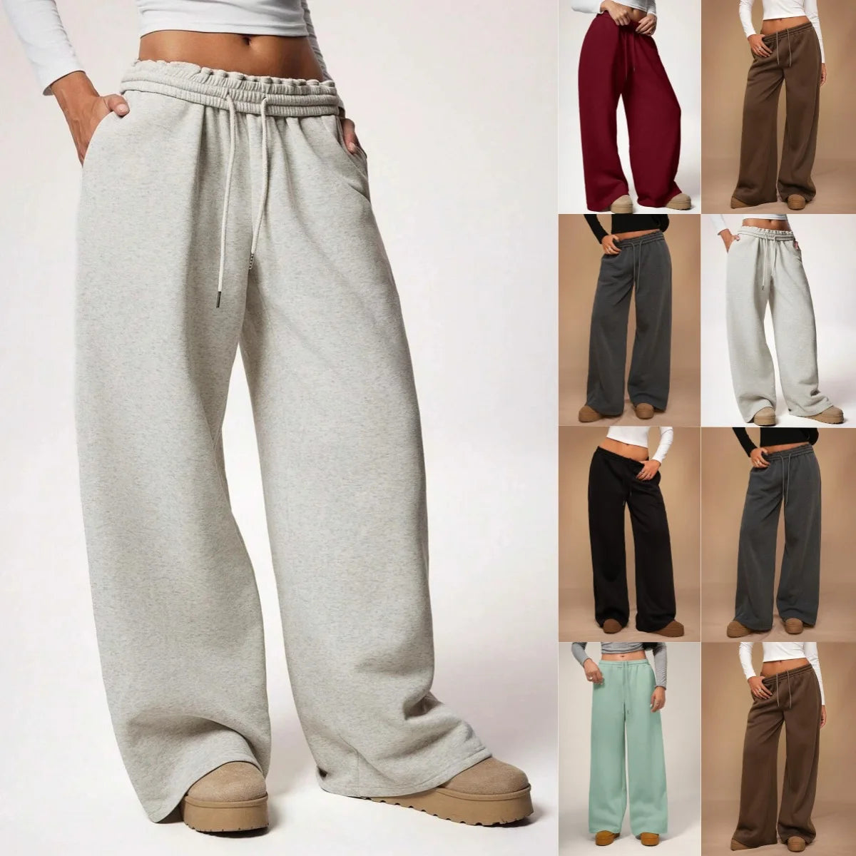 Women Add Velvet Thicken Sweatpants Autumn Female Elastic Waist Pocket Wide Leg Loose Trousers YQFS-OM023