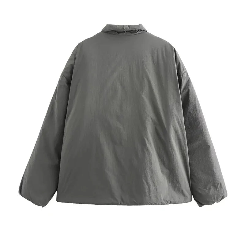 Casual Gray Lace Up Coat Women Cotton V-neck Luxury Pocket 2025 Autumn Thick Jackets Female Chic Street All-match Outwear Tops