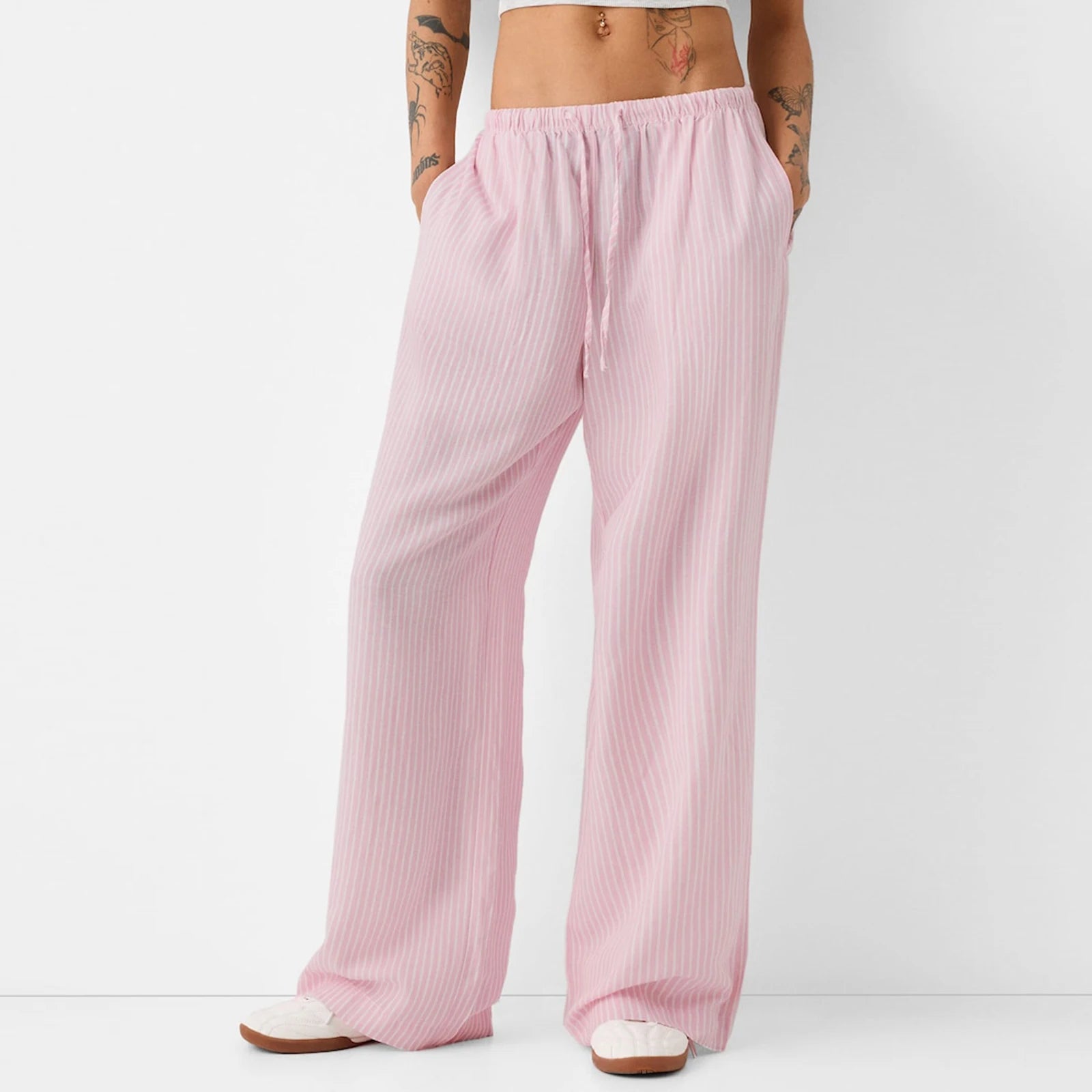 Womens Casual Striped Pants Elastic Waist Loose Aesthetic Trousers Streetwear Loungewear with Pockets Summer Female Home Wear