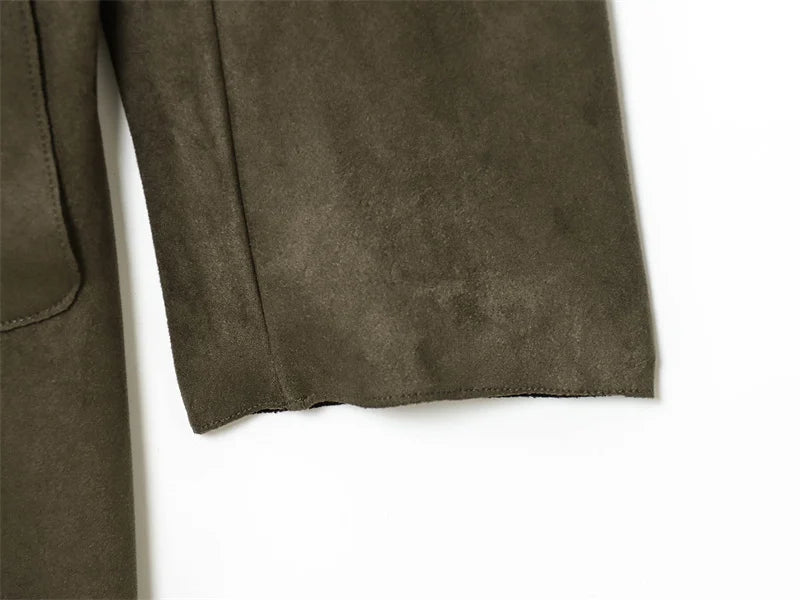 Women's Trench Coat 2025 Autumn New Style Military Green Long Sleeve Suede Effect with Belted Decoration Long Coat Stylish