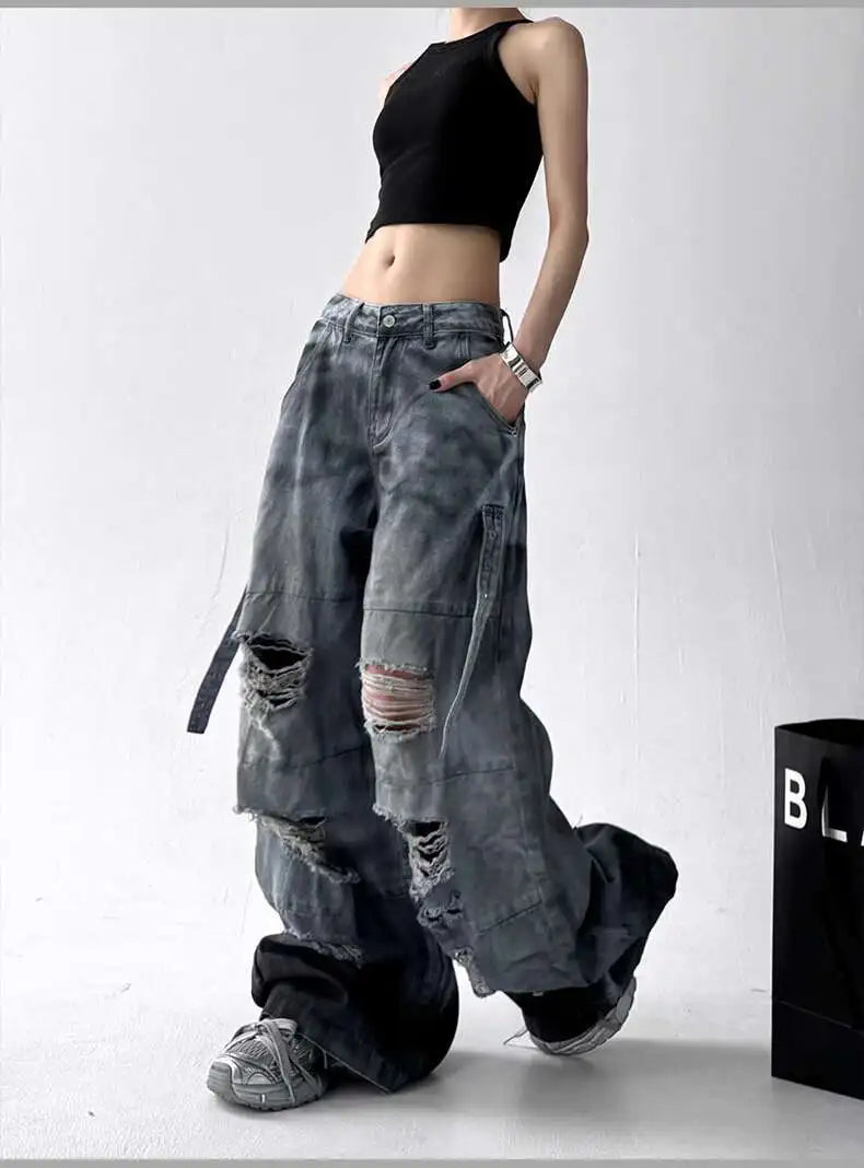Women Jeans Pants American High Street Ripped Straight Wide-Leg Jeans For Women Design Tie-Dye Jazz Dance Cargo Full Thin Jeans