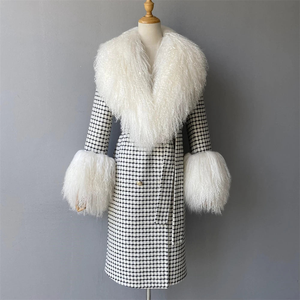Women Cashmere Wool Coat With Real Mongolian Sheep Fur Collar  Ladies Autumn Winter Fashion Long Outwear Full Sleeve Fur Jacket
