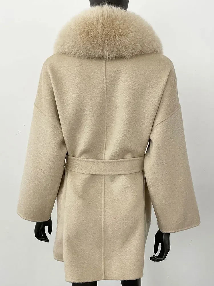 2025 Winter Fashion Women Double-sided Wool Cashmere Coat with Detachable Natural Fox Fur Collar Luxurious Genuine Fur Coat