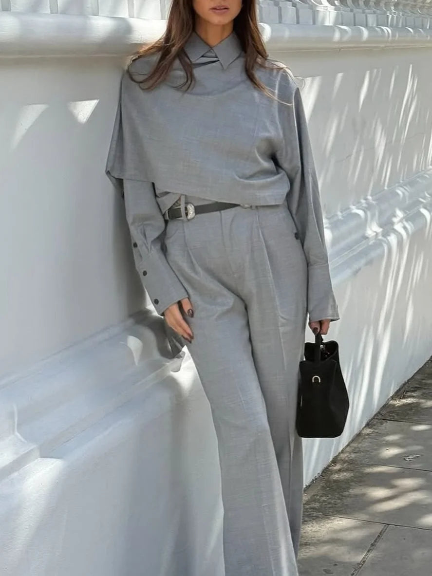 Women's Fashion 2-Piece Set Turn-down Collar Irregular Cloak Style Shirt + High Waist Straight Long Pants Elegant Ladies Suit
