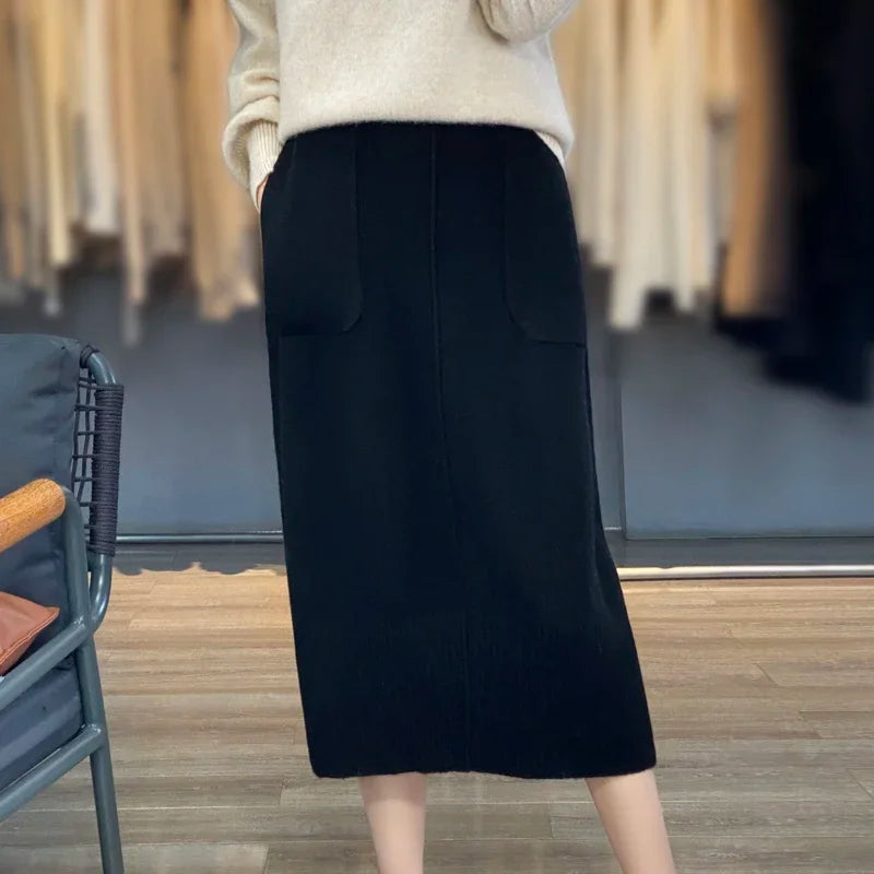 Women's Knitted Cashmere Skirt Double Pocket 100% Pure Wool Commuter Joker Straight Skirt for Autumn Winter New