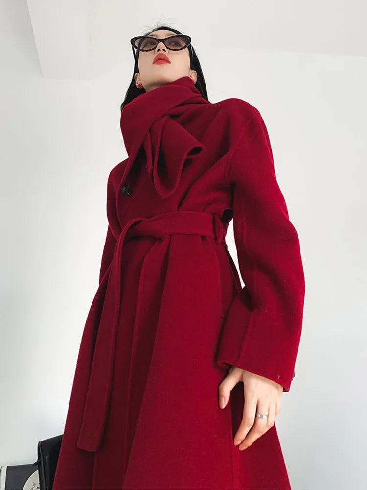 New Hand-sewn Cashmere Wool Coat Women New Mid-length Big Scarf Collar Loose Lace-up Warm Double-sided Wool Coat Fashion Winter